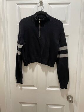 AE Studio Black Half-Zip Stripe Sleeve Women's Sweater